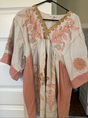 Boho Embroidered Mini Dress in Blush Pink and Cream